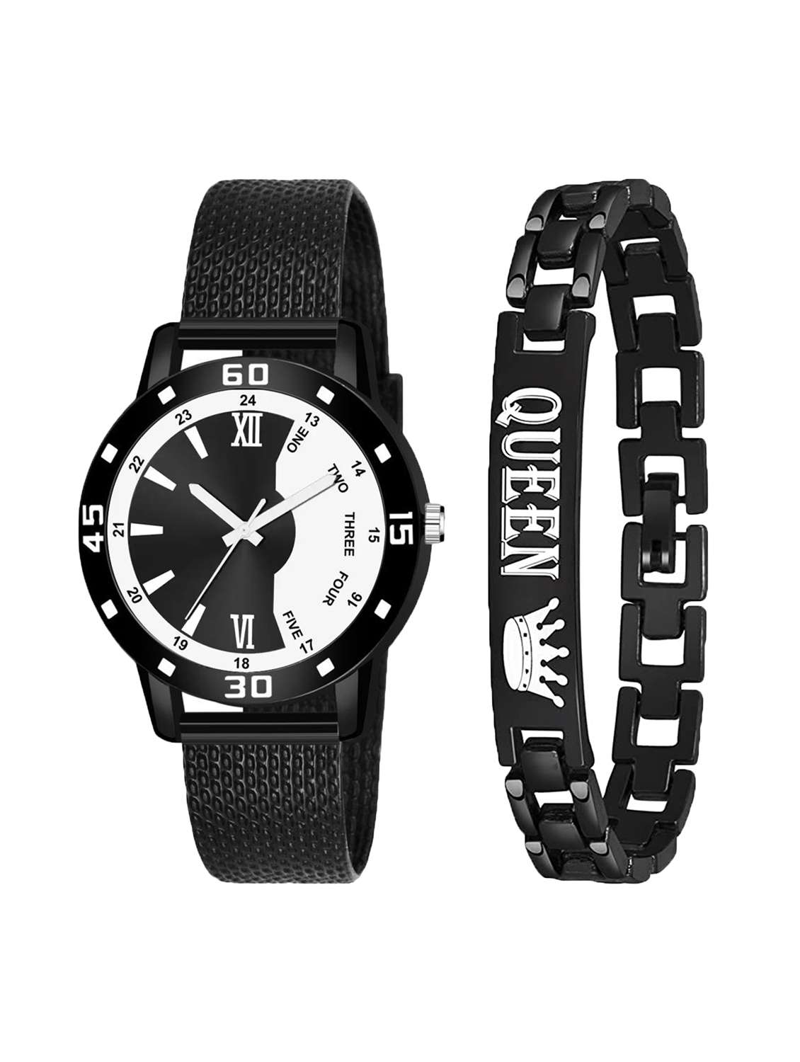 black leatherette watch & bracelet combo