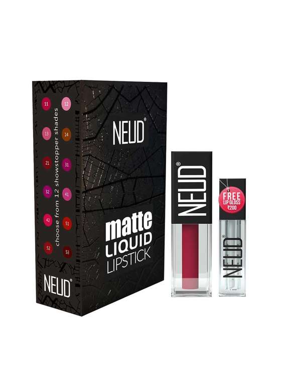 neud matte liquid lipstick peachy pink with almond oil, vitamin e, smudge proof 12-hour stay formula with free lip gloss- 1 pack