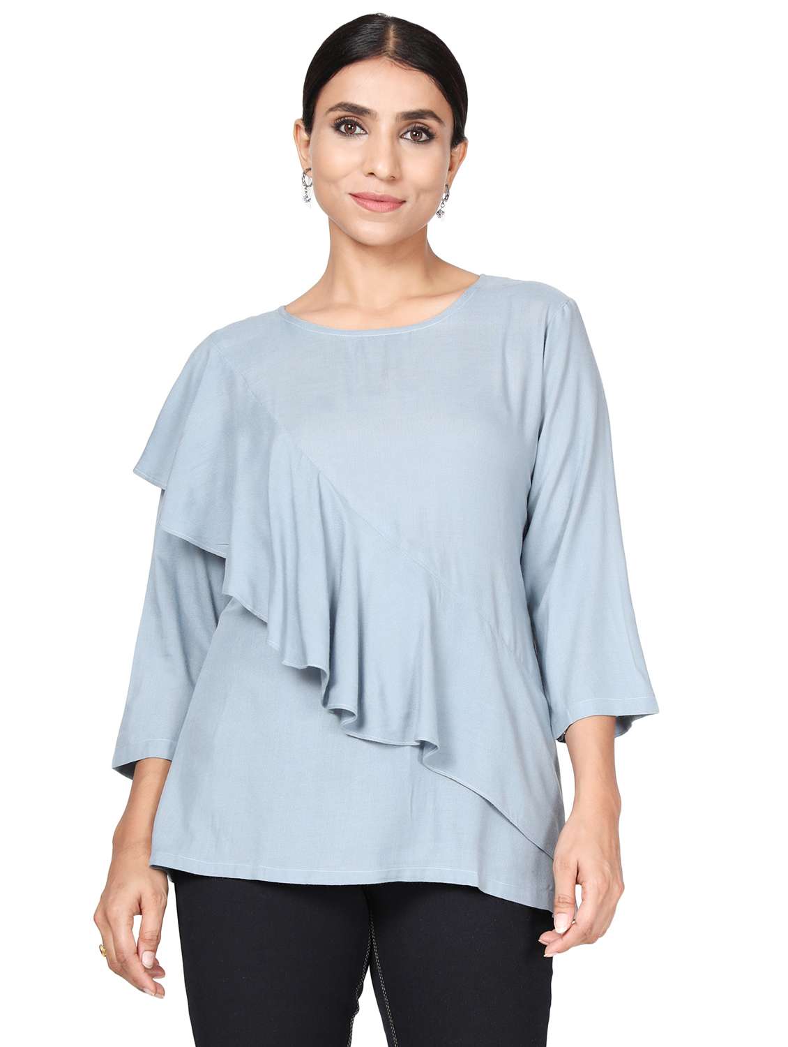 round neck ruffled solid regular tunic 