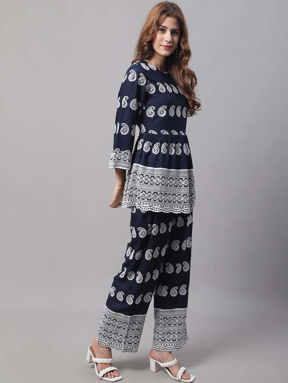 navy blue printed top and trouser set - 19453089 - Standard Image - 2