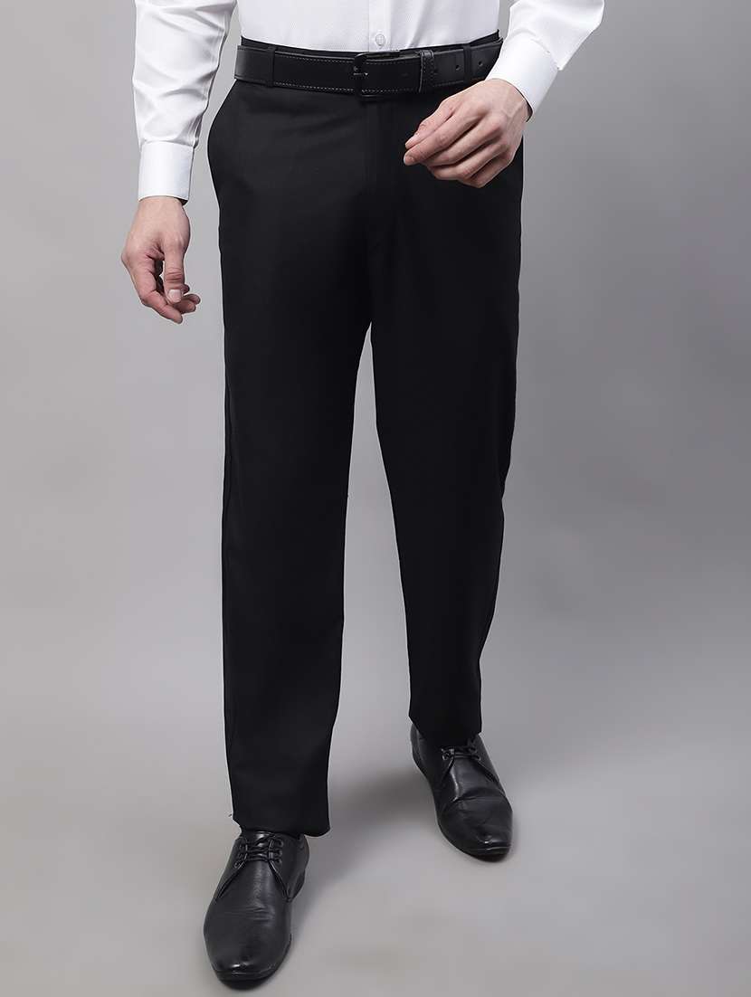 black cotton blend flat front formal trouser
