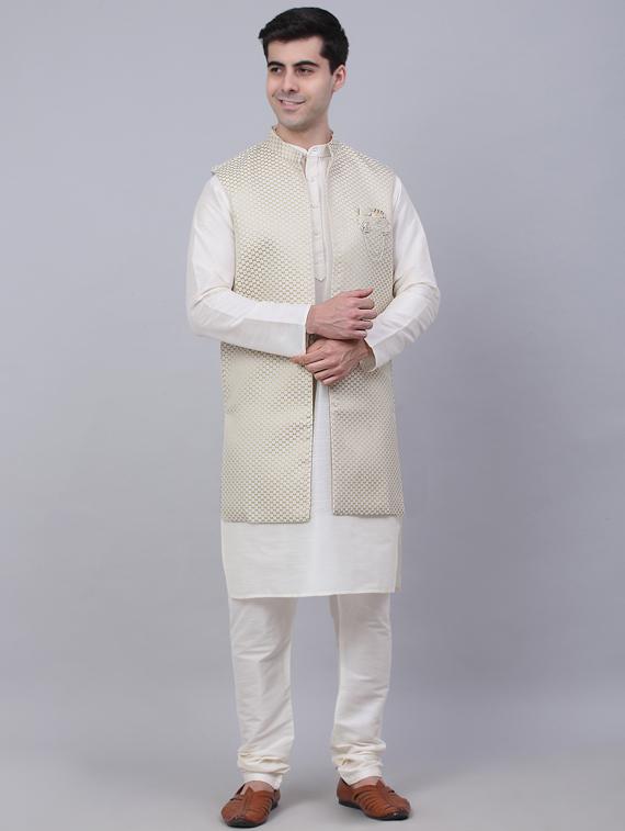 beige self design kurta pyjama with nehru jacket - 19453219 - Standard Image - 2