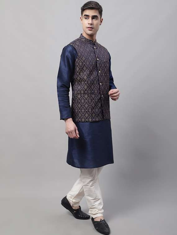 blue self design kurta pyjama with nehru jacket - 19453227 -  Standard Image - 2