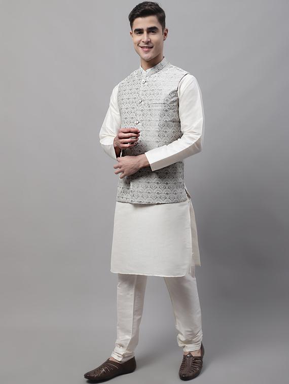 self design kurta pyjama with nehru jacket - 19453231 - Standard Image - 2
