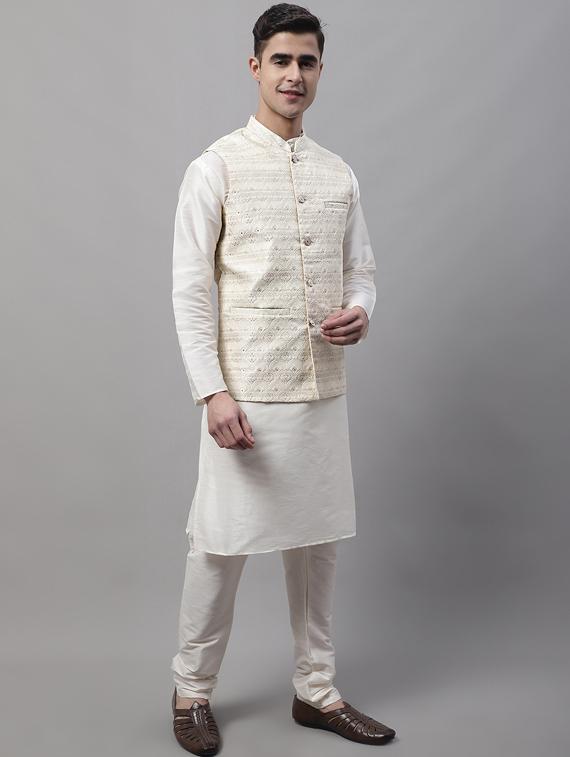 white self design kurta pyjama with nehru jacket - 19453232 - Standard Image - 2