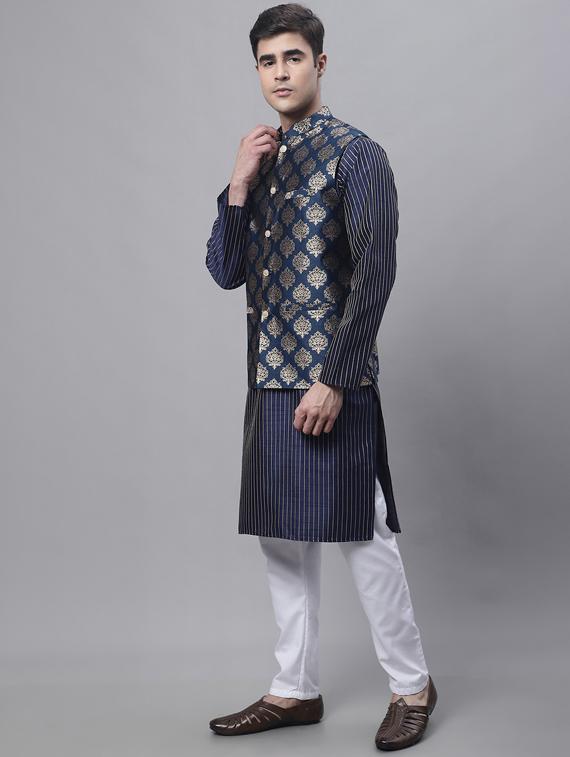 navy blue printed kurta pyjama with nehru jacket - 19453244 - Standard Image - 2