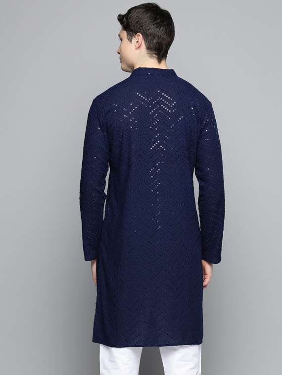 navy blue embroidered long kurta - 19453421 - Standard Image - 2