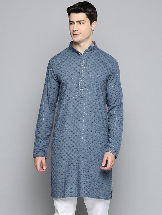 men grey embroidered long kurta - 19453499 - Zoom Image - 0