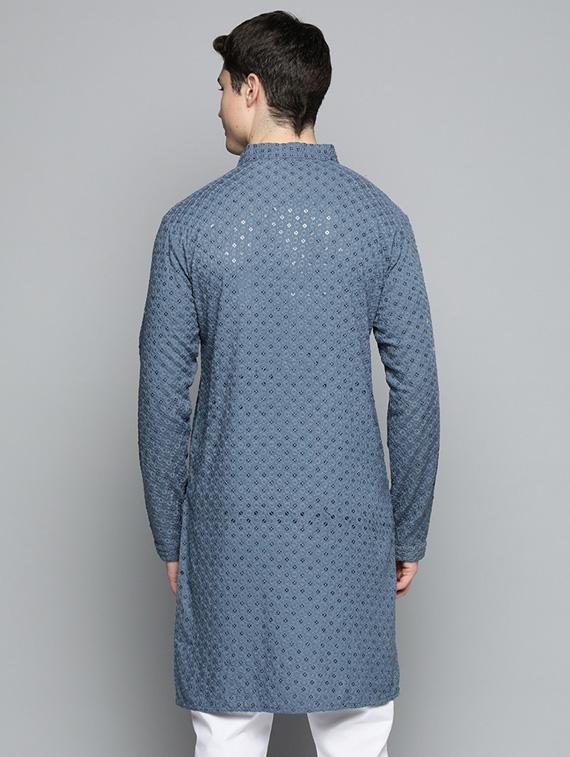 men grey embroidered long kurta - 19453499 - Standard Image - 2