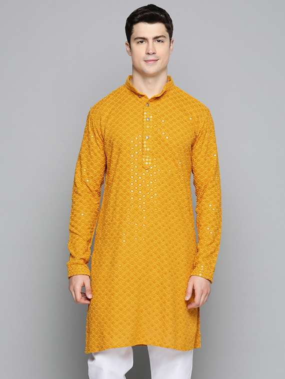 men yellow embroidered long kurta