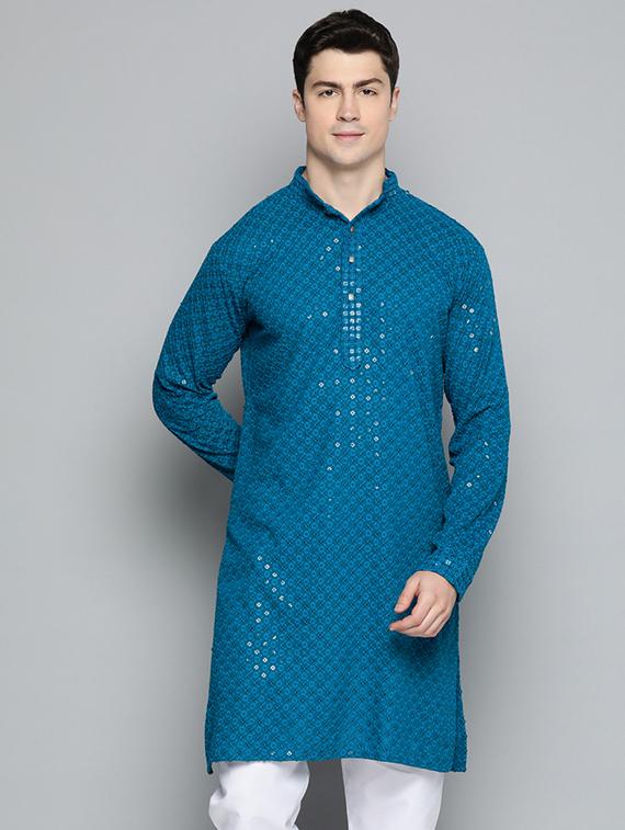 men blue embroidered long kurta - 19453504 - Zoom Image - 0