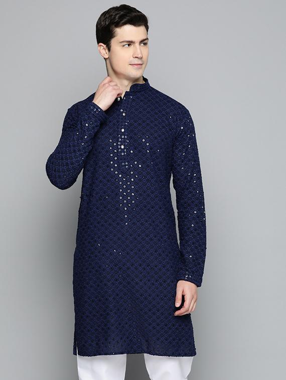 men navy blue embroidered long kurta