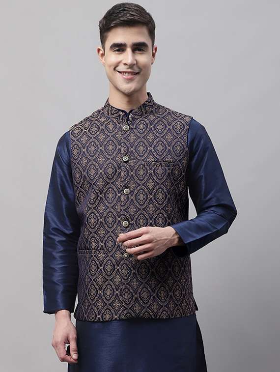 blue sleeveless self design nehru jacket