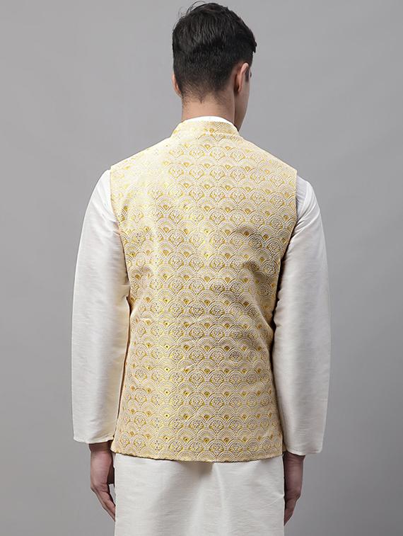 yellow sleeveless self design nehru jacket - 19454001 - Standard Image - 2