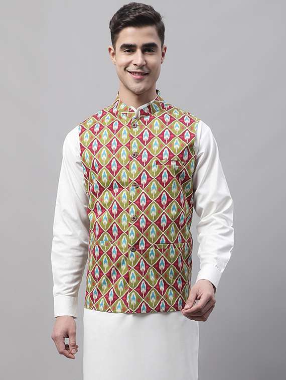 printed sleeveless nehru jacket