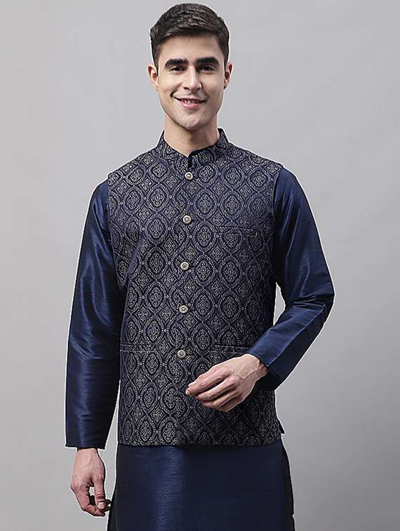 blue self design nehru jacket