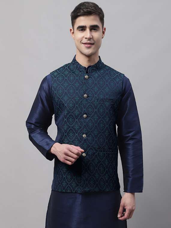 blue self design nehru jacket