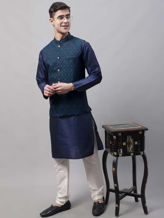 blue self design nehru jacket - 19454015 -  Standard Image - 2