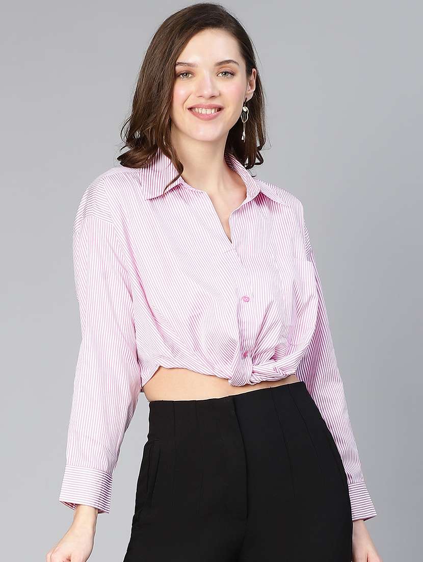 pink striped crop shirt