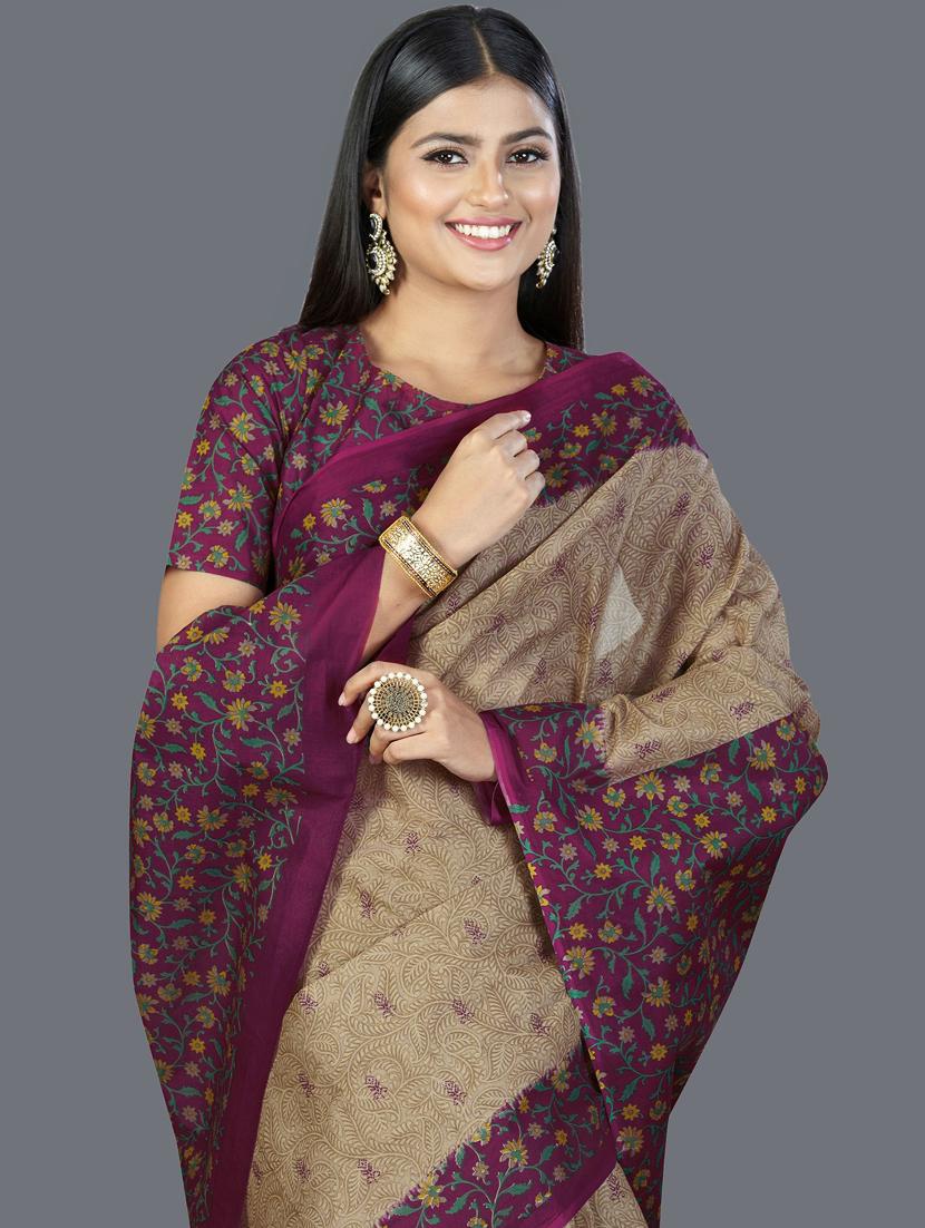 brown cotton printed saree with blouse - 19462196 - Standard Image - 2