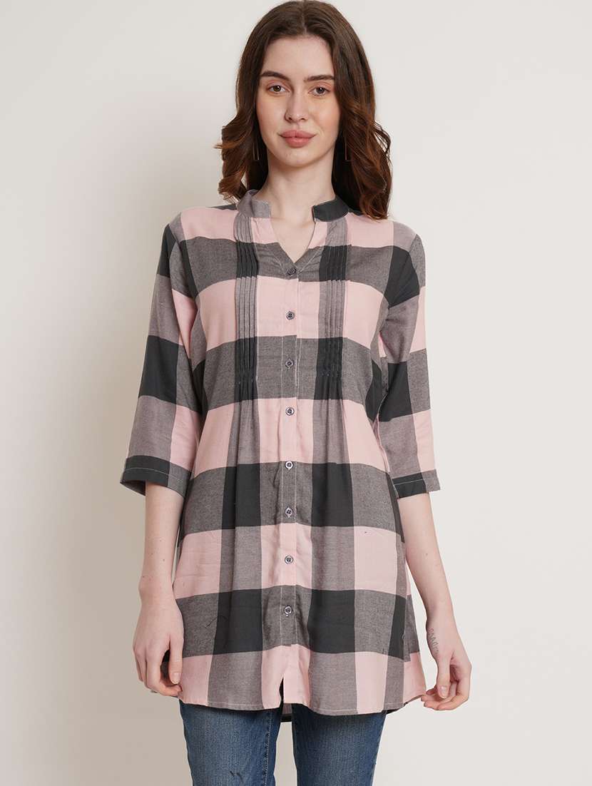 pink check print regular tunic