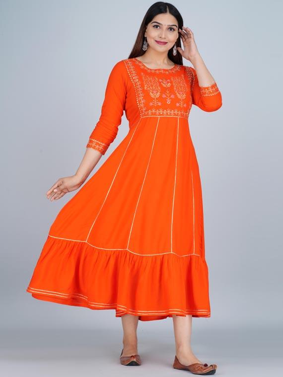 orange rayon flared kurta - 19471344 - Standard Image - 2