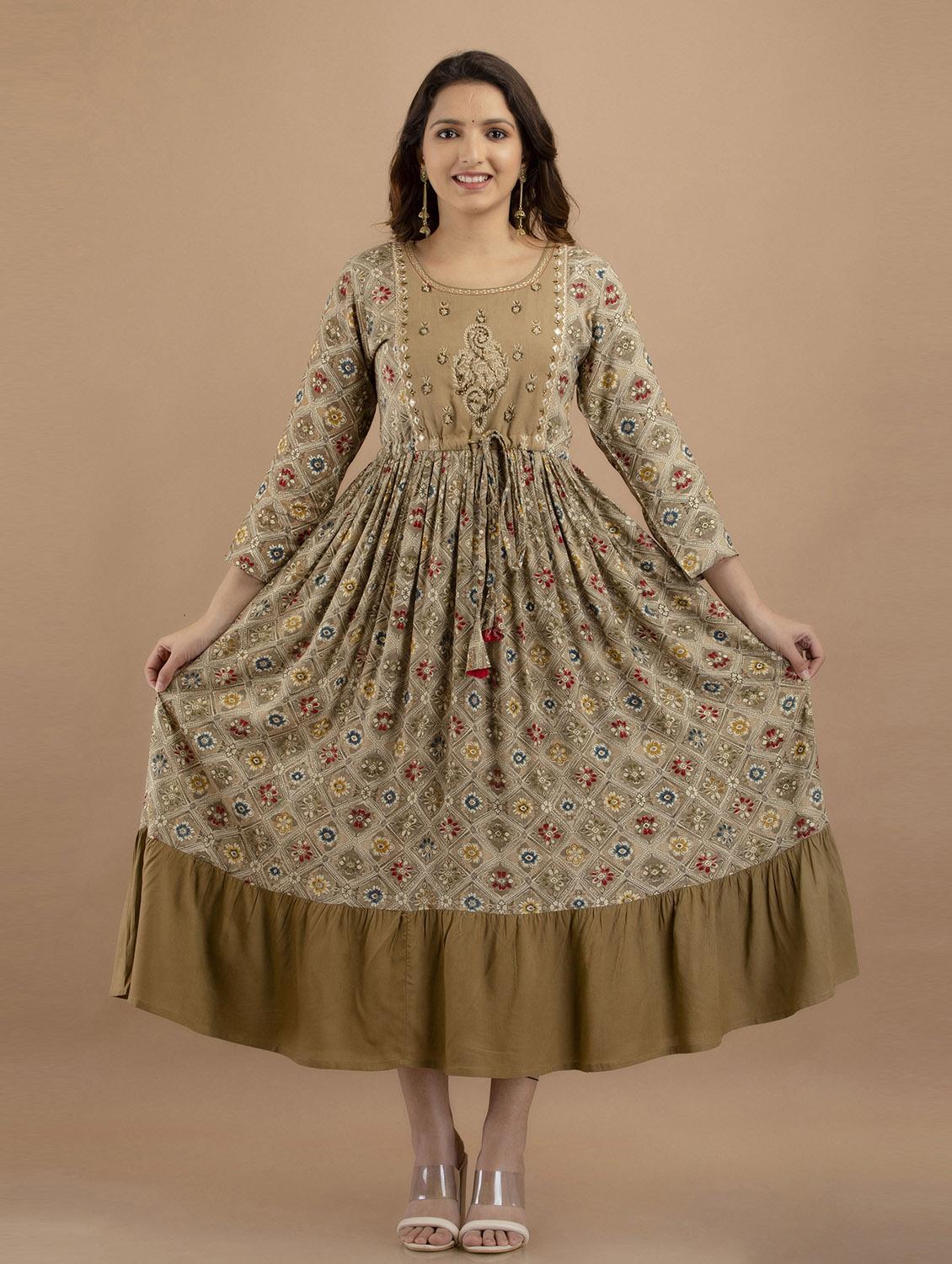 beige printed flared kurta - 19471389 - Standard Image - 2