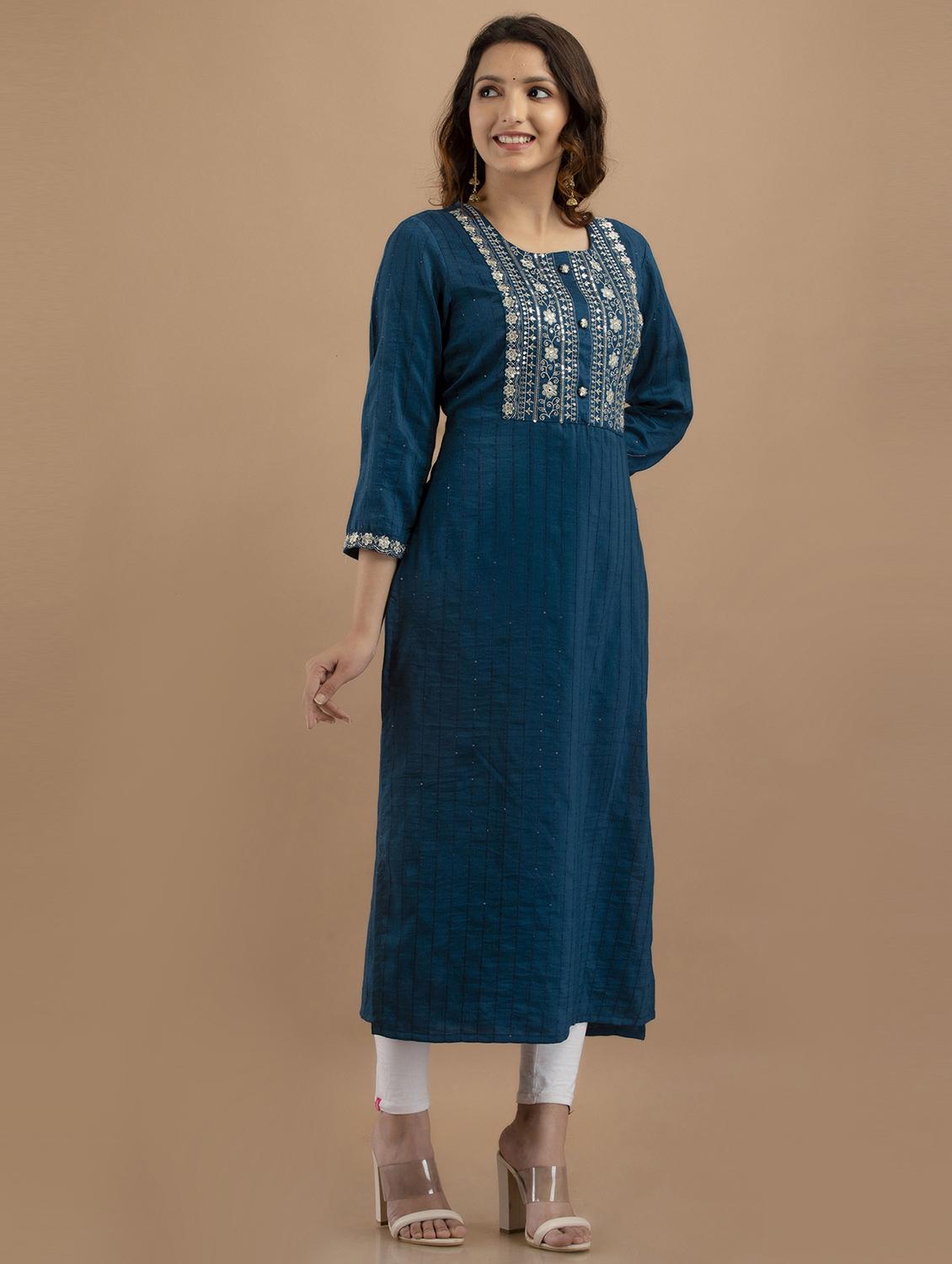 blue cotton straight kurta - 19471444 - Standard Image - 2