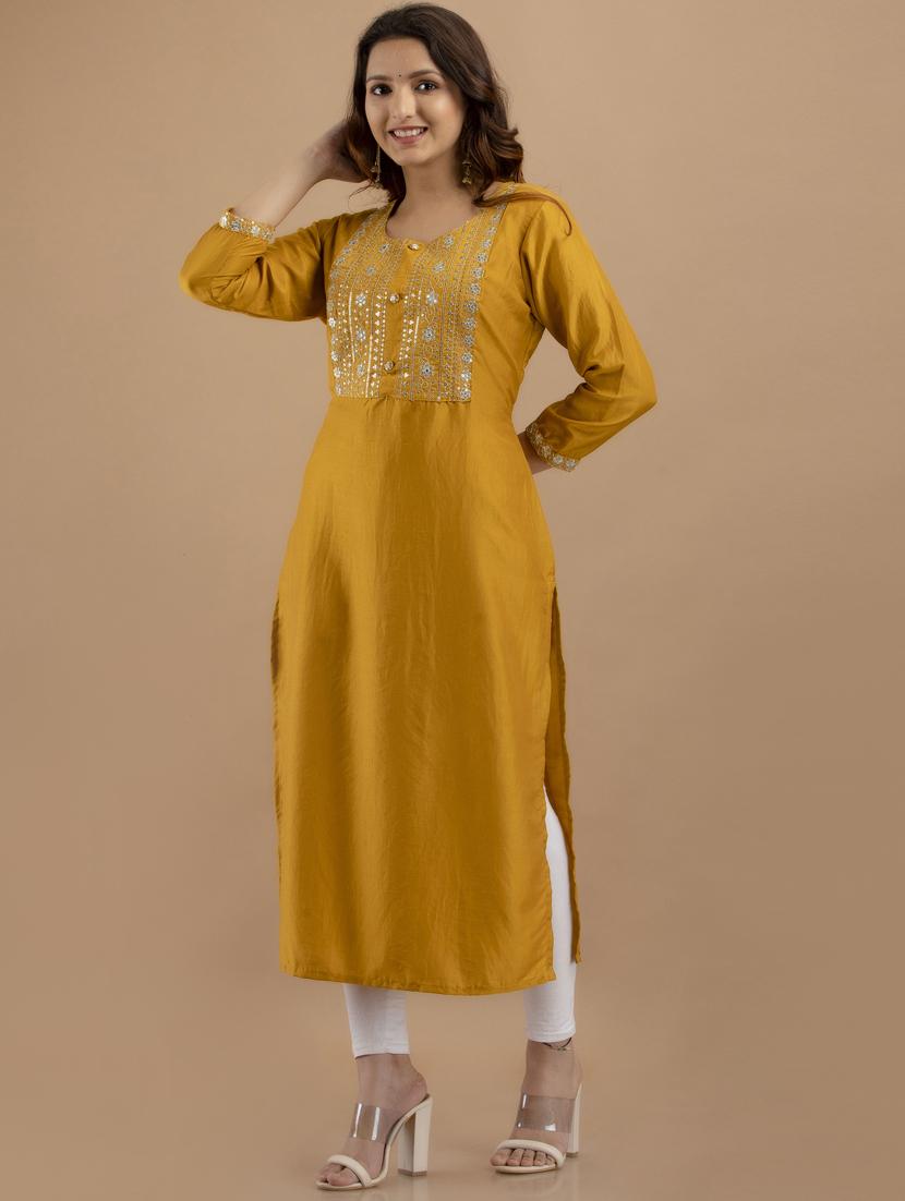 yellow round neck straight kurta - 19471446 - Standard Image - 2