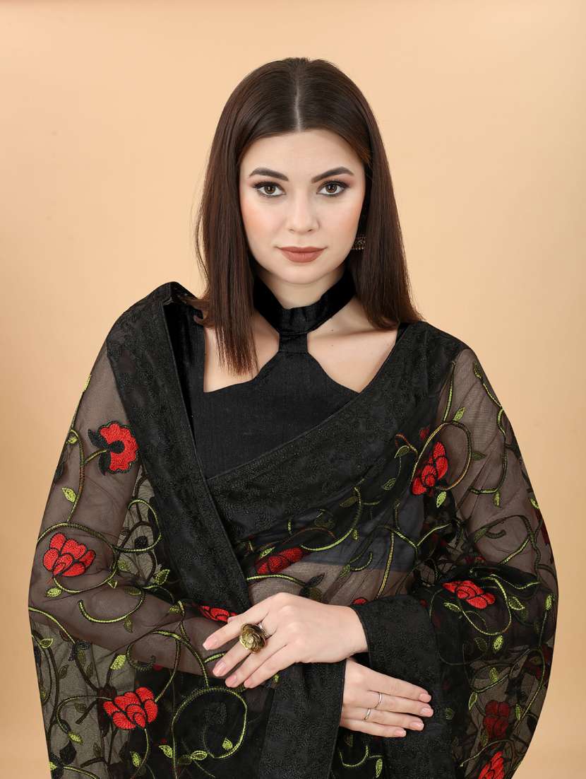 black soft net floral embroidered saree  - 19471998 -  Standard Image - 2