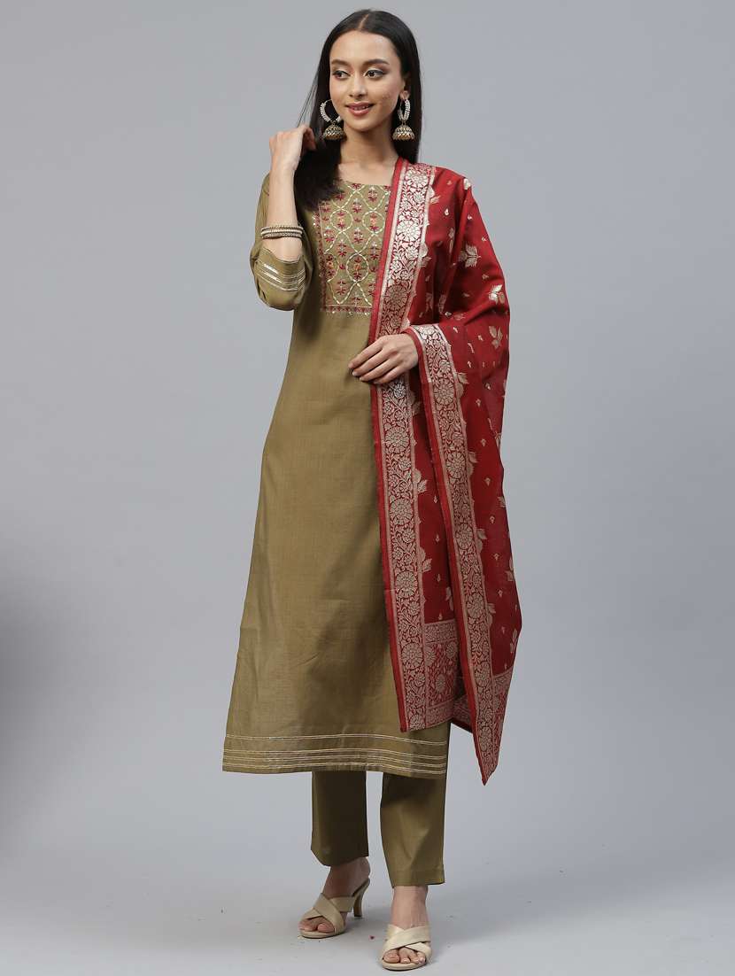 green self design kurta, pant & dupatta set - 19473208 -  Standard Image - 2