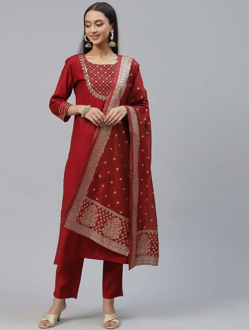 red self design kurta, pant & dupatta set - 19473209 -  Standard Image - 2