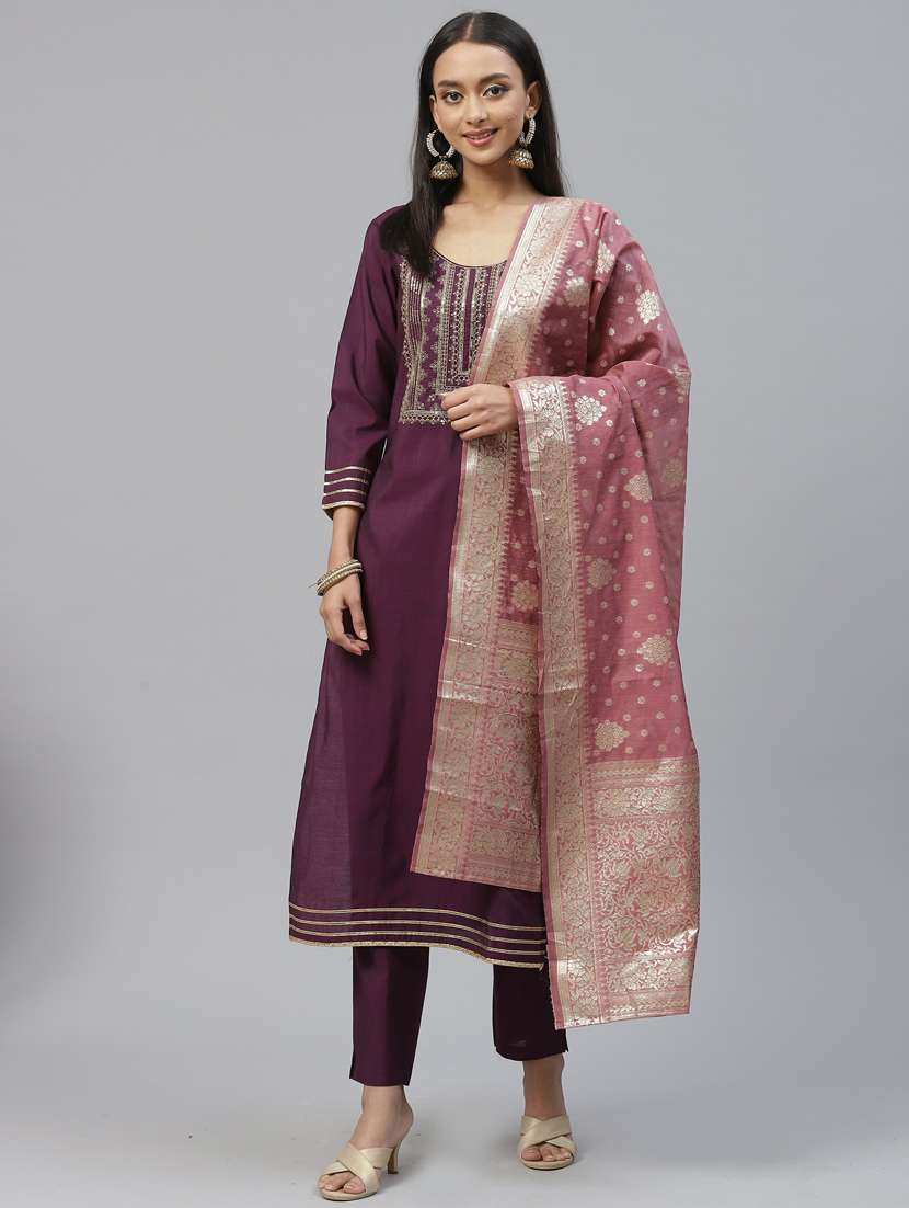 purple self design kurta, pant & dupatta set - 19473211 -  Standard Image - 2