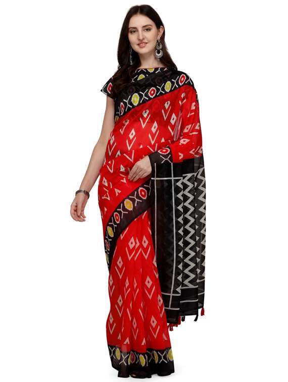 women's printed maroon colored saree with blouse