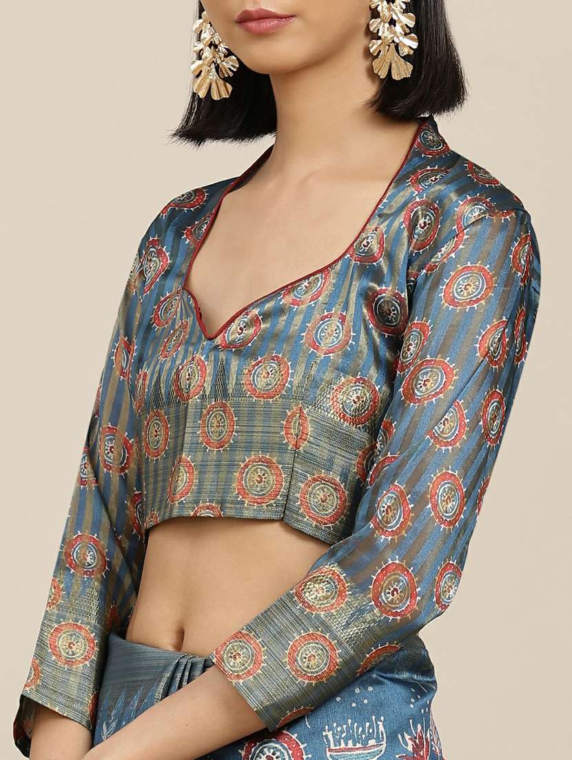 blue cotton printed saree with blouse - 19473349 - Standard Image - 2