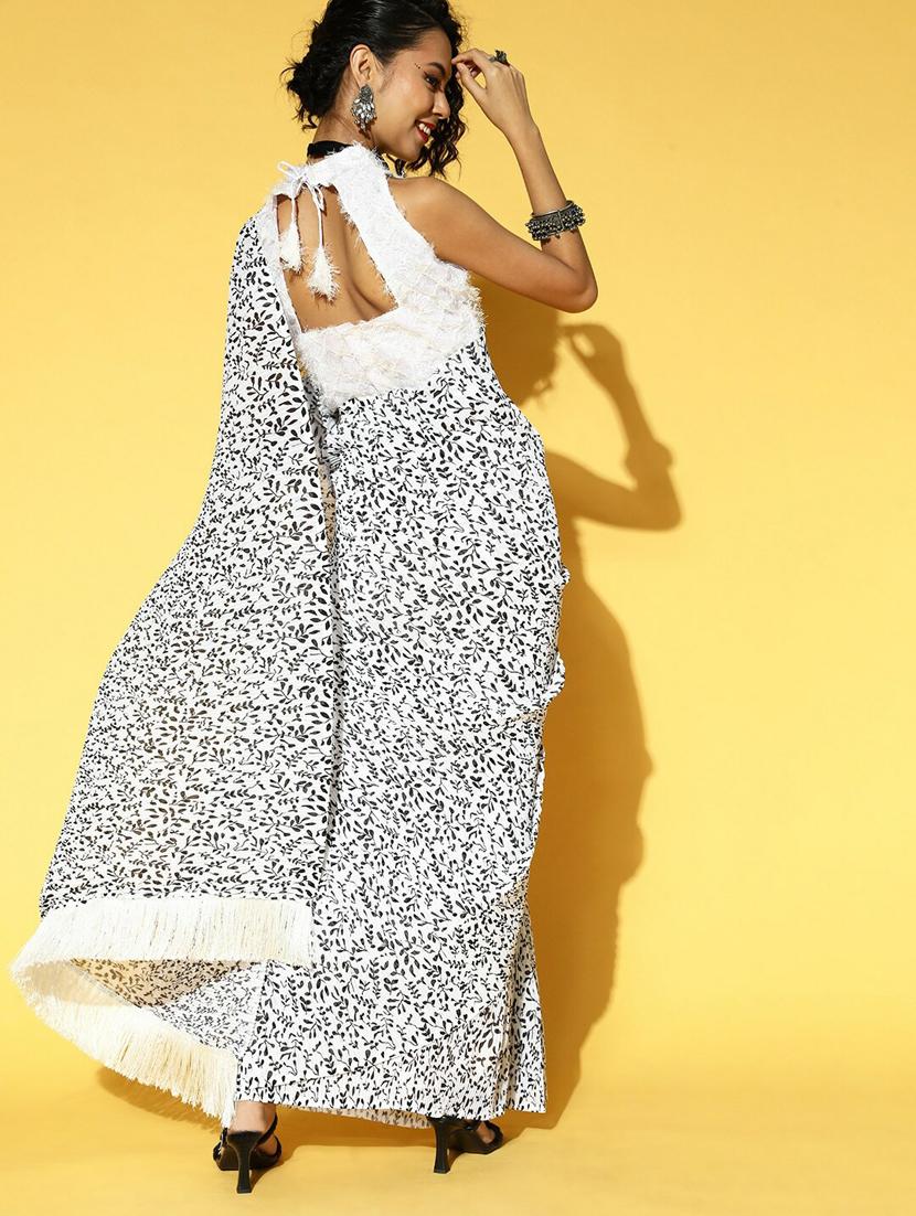 women's printed white colored saree with blouse - 19473410 - Standard Image - 2