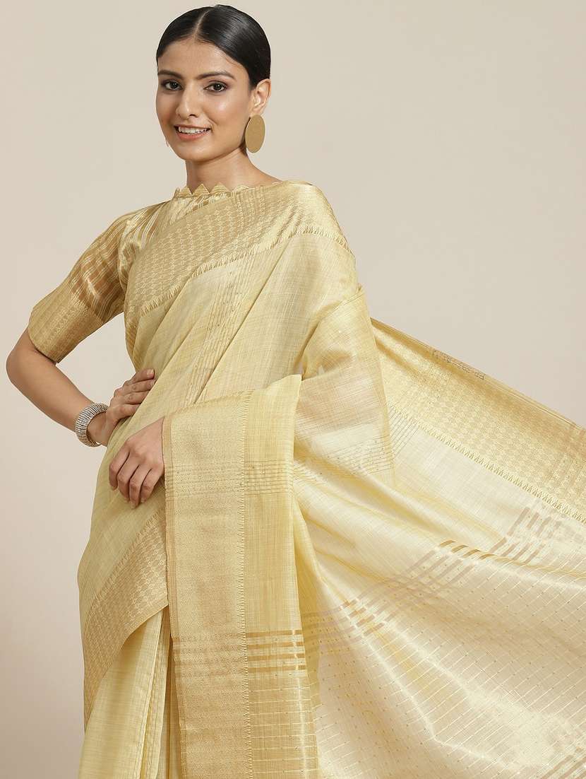 yellow cotton silk linen blend sequins work saree with blouse - 19473464 -  Standard Image - 2