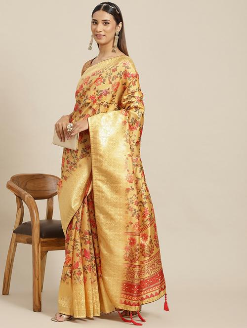 women's floral yellow colored saree with blouse - 19473504 - Standard Image - 0