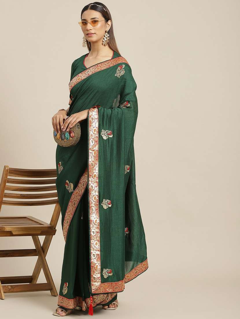 women's bordered green colored saree with blouse