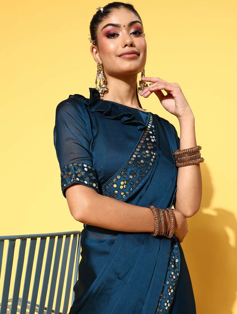 women's bordered navy blue colored saree with blouse - 19473519 -  Standard Image - 2