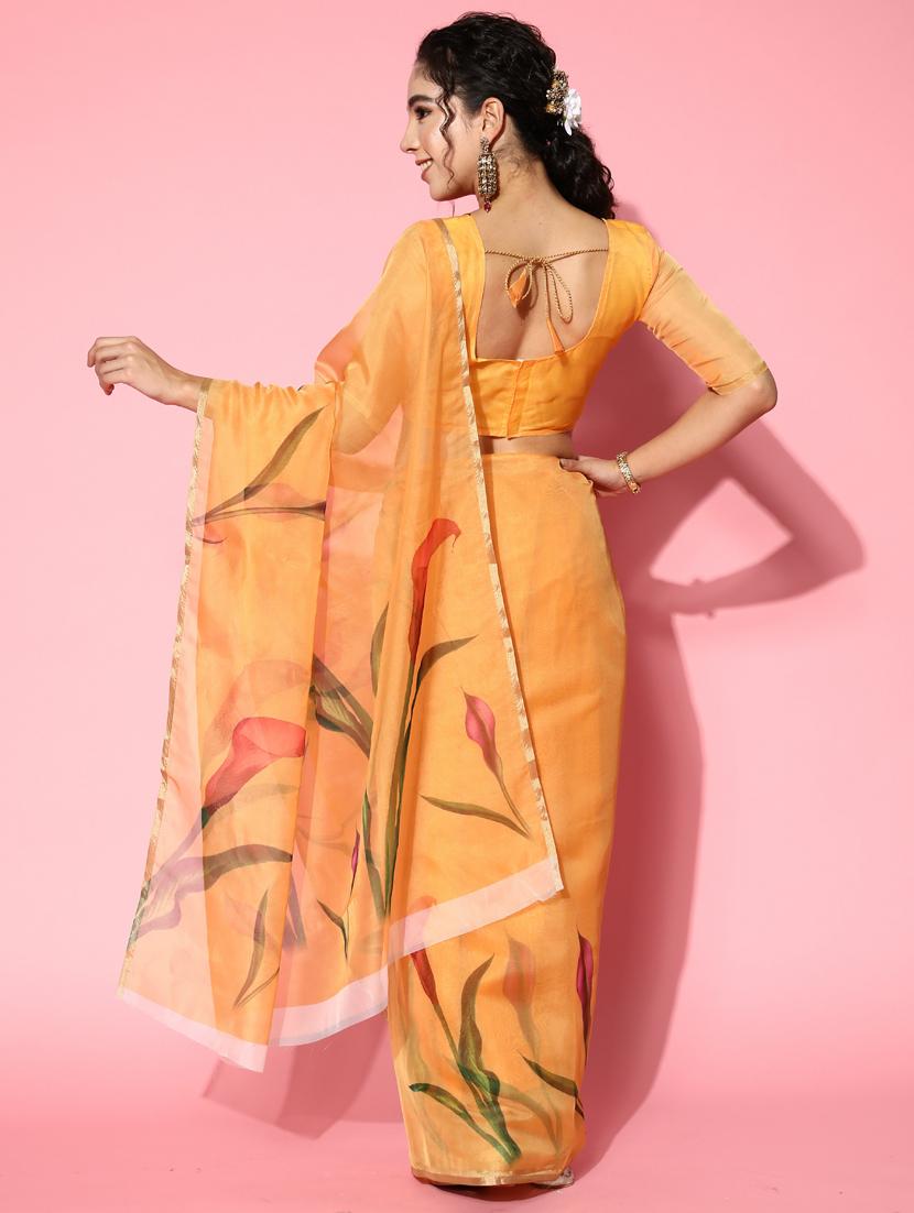 yellow printed organza saree with golden border saree - 19473535 - Standard Image - 2