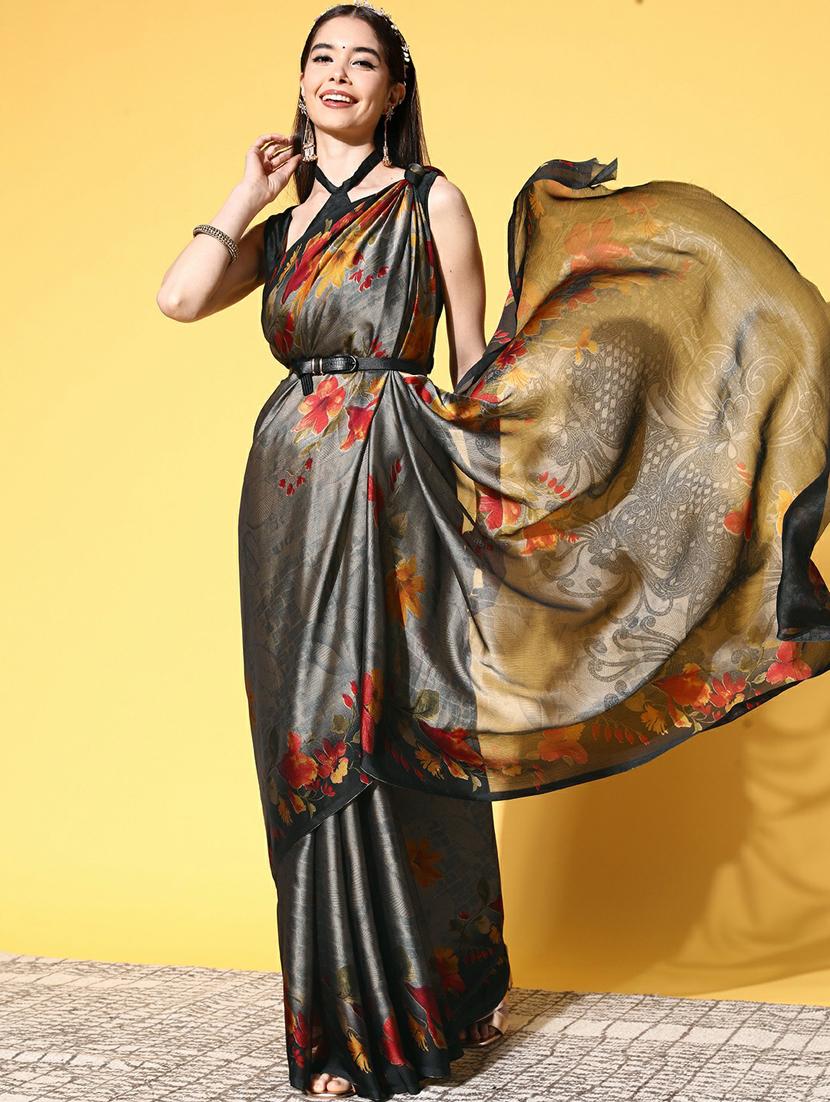 women's printed grey colored saree with blouse - 19473617 - Standard Image - 2