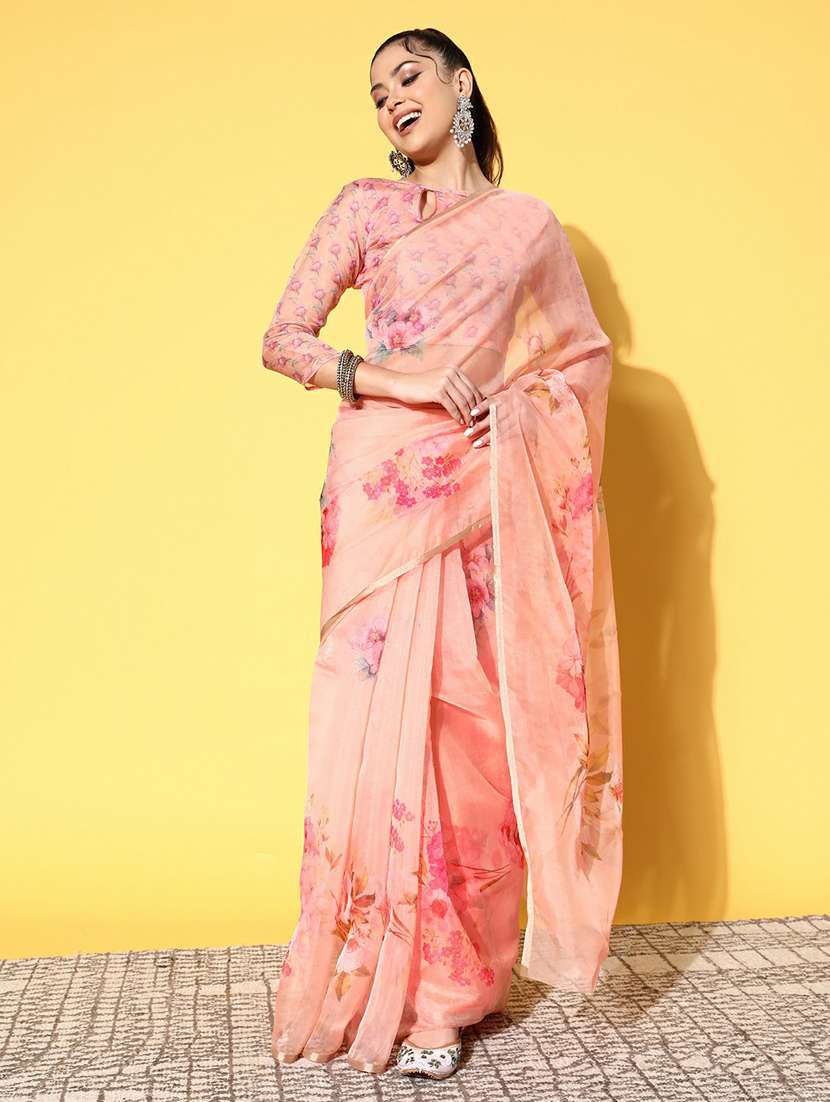 women's floral nude colored saree with blouse
