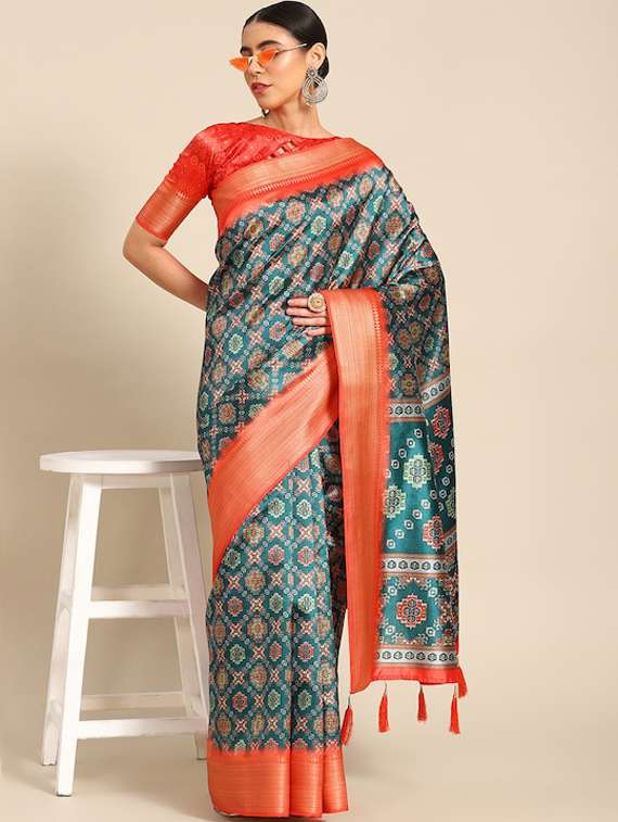women's geometric blue colored saree with blouse