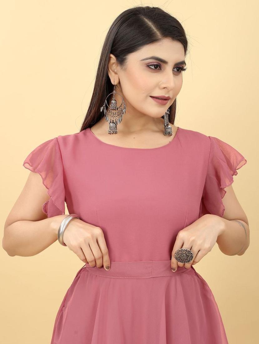 round neck solid gown dress - 19473788 - Standard Image - 2