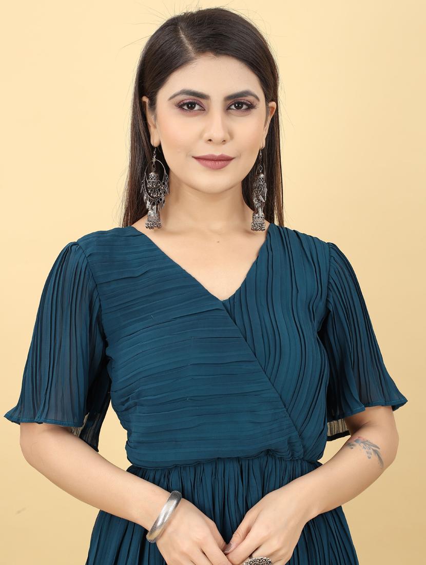 v-neck solid gown dress - 19473790 - Standard Image - 2