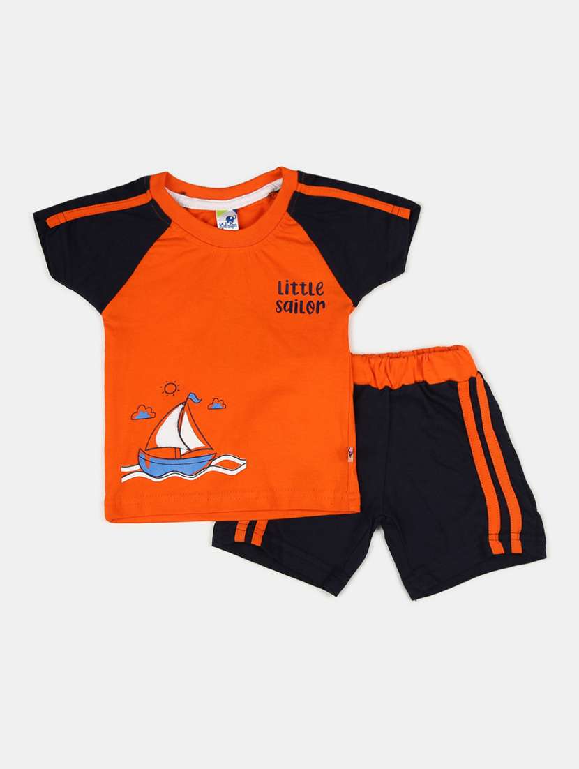kids orange colourblocked detailed t-shirt & shorts set