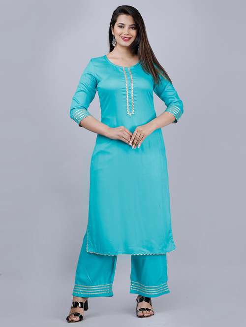 blue self design kurta palazzo set - 19481711 -  Standard Image - 0