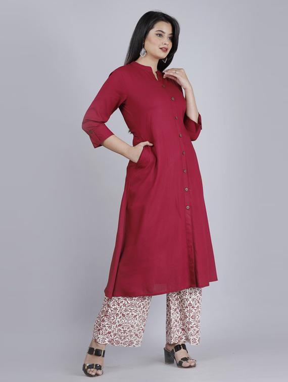 red self design kurta palazzo set - 19481765 - Standard Image - 2