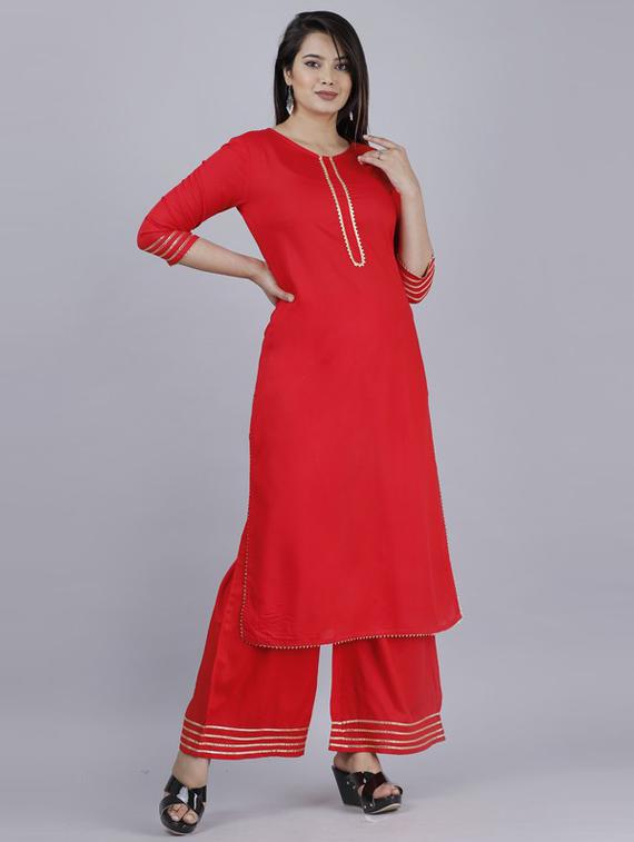 red self design kurta palazzo set - 19481773 - Standard Image - 2